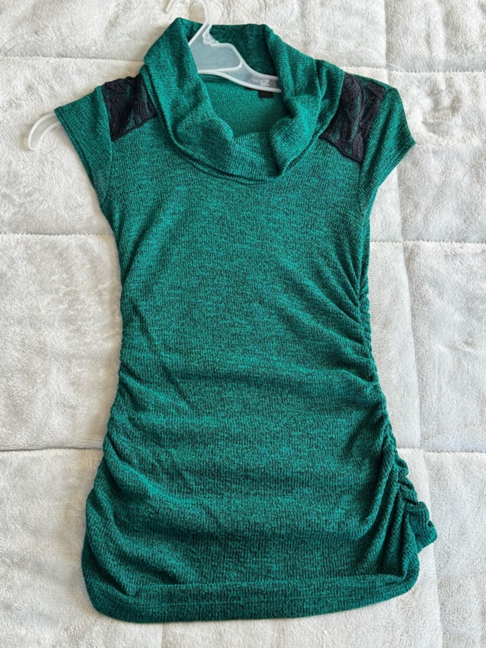 Iz Byer Teal Cowl Neck Tunic with Black Lace Shoulders